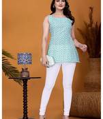 Stylish green printed cotton blend round neck sleeveless top for women