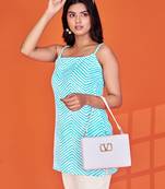 Stylish blue printed cotton blend round neck sleeveless top for women