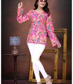 Vibrant pink printed cotton blend v-neck full sleeve top for women