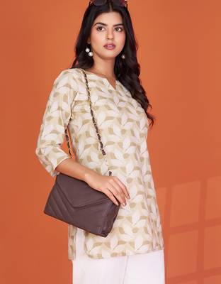 olive green printed cotton blend round neck 3/4 sleeve top for women 1