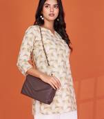 olive green printed cotton blend round neck 3/4 sleeve top for women