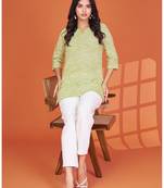 Chic light green printed cotton blend round neck 3/4 sleeve top for women