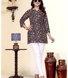 Stylish navy blue printed cotton blend round neck 3/4 sleeve top for women