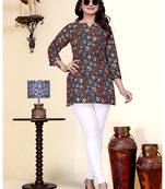 Stylish navy blue printed cotton blend round neck 3/4 sleeve top for women