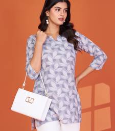 Stylish grey printed cotton blend round neck 3/4 sleeve top for women