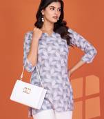 Stylish grey printed cotton blend round neck 3/4 sleeve top for women