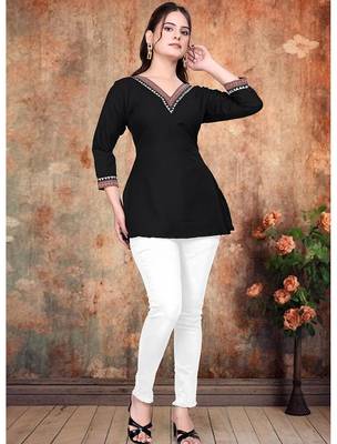 Stylish black printed rayon v-neck 3/4 sleeve top for women 2