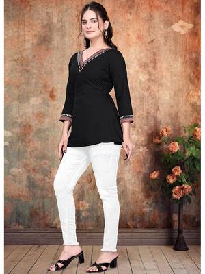 Stylish black printed rayon v-neck 3/4 sleeve top for women 4