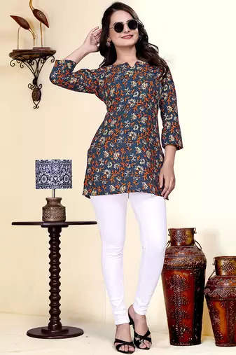 Stylish navy blue printed cotton blend round neck 3/4 sleeve top for women