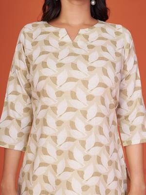 olive green printed cotton blend round neck 3/4 sleeve top for women 2