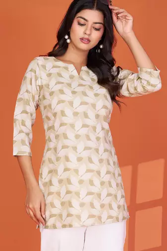 olive green printed cotton blend round neck 3/4 sleeve top for women