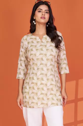 olive green printed cotton blend round neck 3/4 sleeve top for women