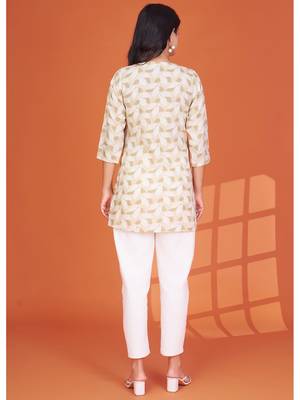 olive green printed cotton blend round neck 3/4 sleeve top for women 6