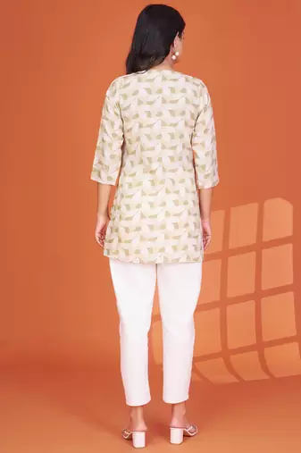 olive green printed cotton blend round neck 3/4 sleeve top for women