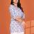 Stylish grey printed cotton blend round neck 3/4 sleeve top for women