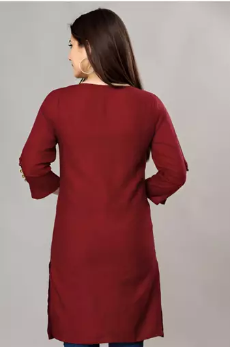 Maroon solid roman silk regular top with 3/4 sleeves