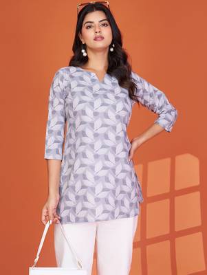 Stylish grey printed cotton blend round neck 3/4 sleeve top for women 5