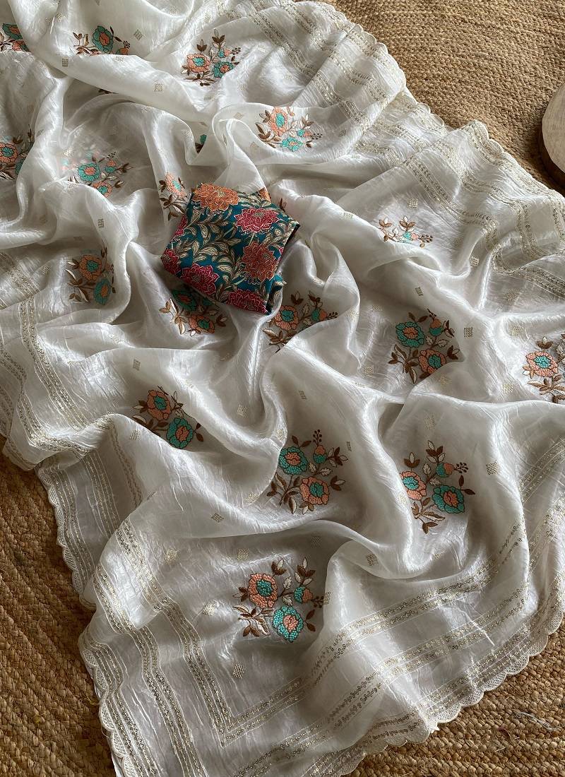 White embroidery Work Saree 