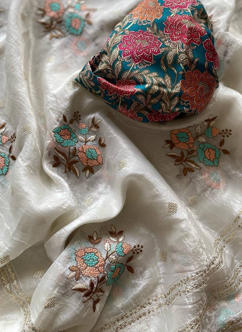 White embroidery Work Saree 
