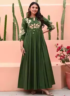 Green Hand Embroidered Cotton Anarkali Gown 1