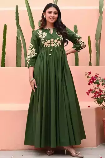 Green Hand Embroidered Cotton Anarkali Gown