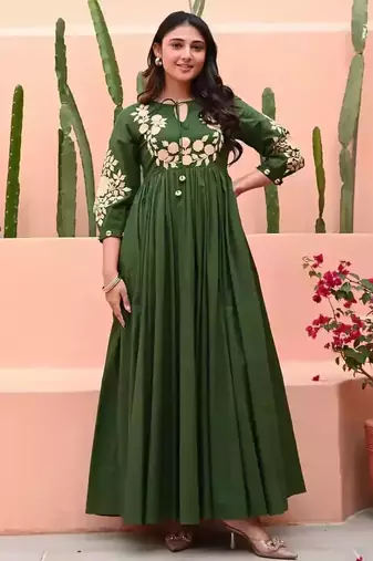 Green Hand Embroidered Cotton Anarkali Gown