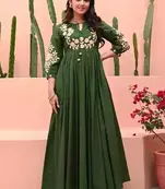 Green Hand Embroidered Cotton Anarkali Gown