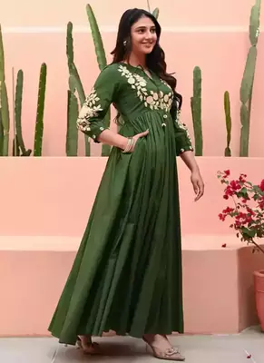 Green Hand Embroidered Cotton Anarkali Gown 2