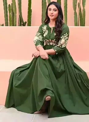Green Hand Embroidered Cotton Anarkali Gown 3