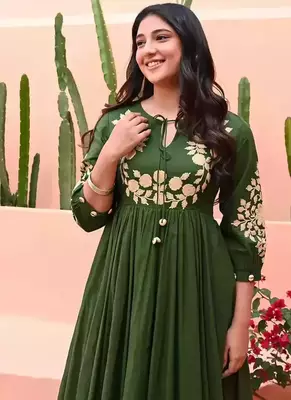 Green Hand Embroidered Cotton Anarkali Gown 4