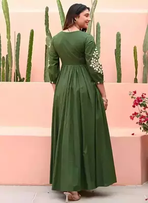 Green Hand Embroidered Cotton Anarkali Gown 5