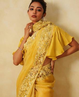 Yellow Sequin Thread Embroidered Crunchy silk blend Saree  2