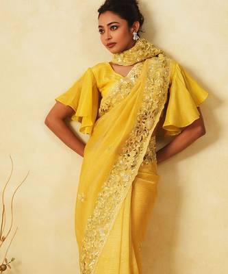 Yellow Sequin Thread Embroidered Crunchy silk blend Saree  3
