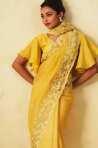 Yellow Sequin Thread Embroidered Crunchy silk blend Saree 
