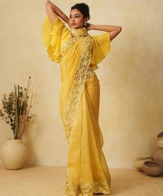 Yellow Sequin Thread Embroidered Crunchy silk blend Saree  1