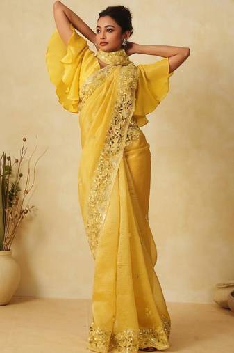 Yellow Sequin Thread Embroidered Crunchy silk blend Saree 