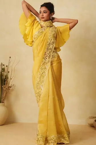 Yellow Sequin Thread Embroidered Crunchy silk blend Saree 