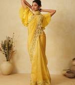 Yellow Sequin Thread Embroidered Crunchy silk blend Saree 