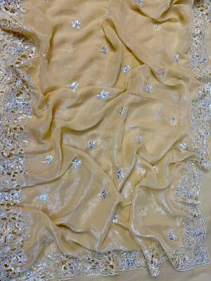 Yellow Sequin Thread Embroidered Crunchy silk blend Saree  5