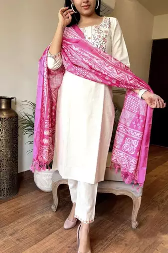 Off White Embroidered Khadi Cotton Suit Set with Dupatta