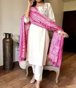 Off White Embroidered Khadi Cotton Suit Set with Dupatta