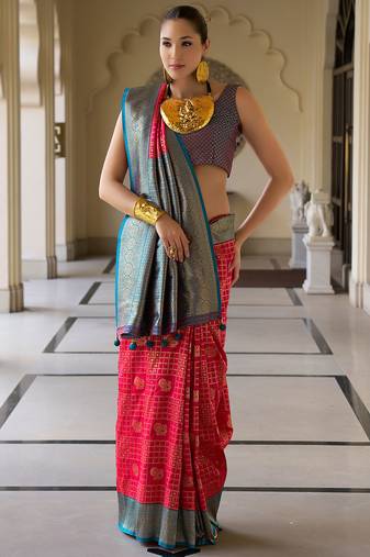 Rani pink banarasi silk blend jacquard woven saree with blouse