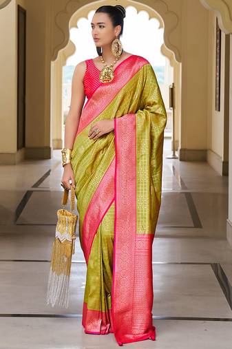 Parrot green banarasi silk blend jacquard woven saree with blouse