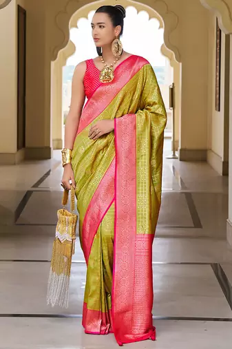 Parrot green banarasi silk blend jacquard woven saree with blouse