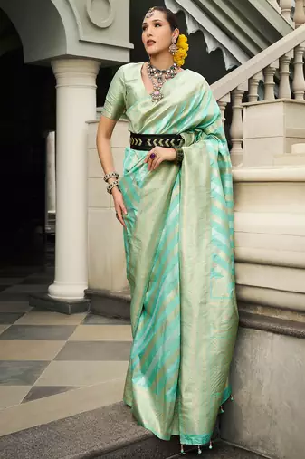 Sea green banarasi silk blend jacquard woven saree with blouse