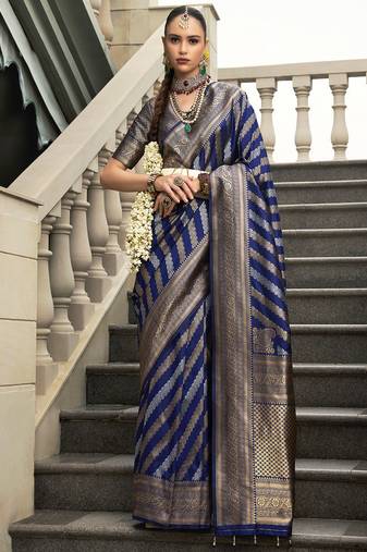 Navy blue banarasi silk blend jacquard woven saree with blouse
