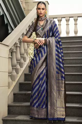 Navy blue banarasi silk blend jacquard woven saree with blouse