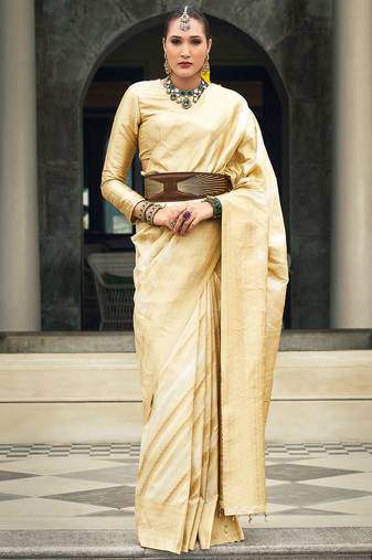 Cream banarasi silk blend jacquard woven saree with blouse
