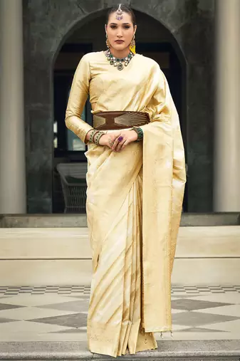 Cream banarasi silk blend jacquard woven saree with blouse