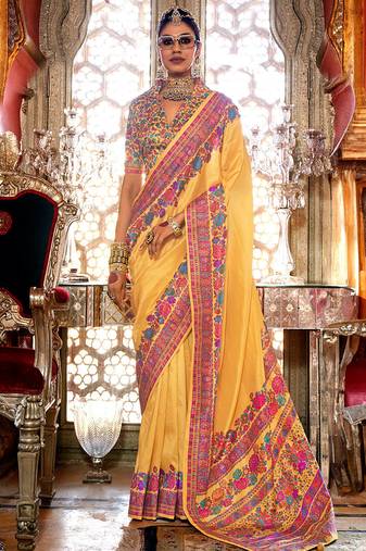 Mustard silk blend floral print saree with blouse